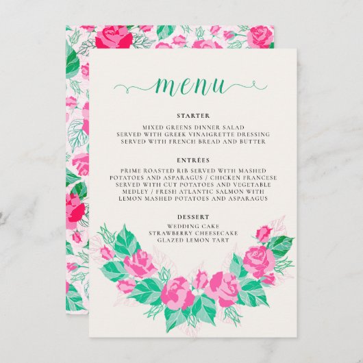 Roze Groen Roos bloemblaadjes bloementuin bruiloft Menu (Voorkant / Achterkant)