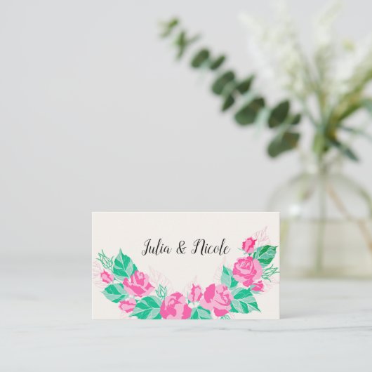 Roze Groen Roos bloemblaadjes bloementuin bruiloft Plaatskaartje (Staand voorkant)