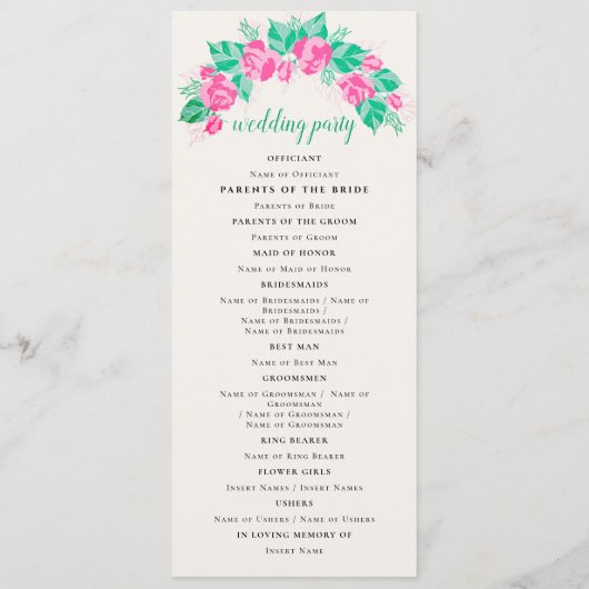 Roze Groen Roos bloemblaadjes bloementuin bruiloft Programmakaart (Achterkant)