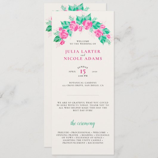Roze Groen Roos bloemblaadjes bloementuin bruiloft Programmakaart (Voorkant / Achterkant)
