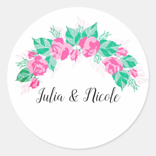 Roze Groen Roos bloemblaadjes bloementuin bruiloft Ronde Sticker (Voorkant)