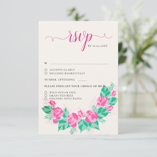 Roze Groen Roos bloemblaadjes bloementuin bruiloft RSVP Kaartje (Staand voorkant)
