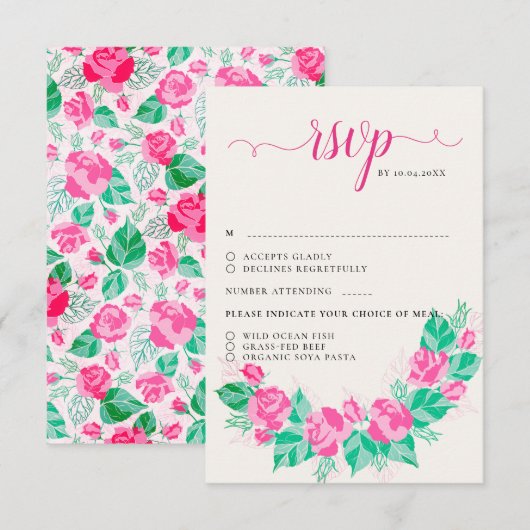 Roze Groen Roos bloemblaadjes bloementuin bruiloft RSVP Kaartje (Voorkant / Achterkant)