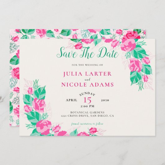 Roze Groen Roos bloemblaadjes bloementuin bruiloft Save The Date (Voorkant / Achterkant)