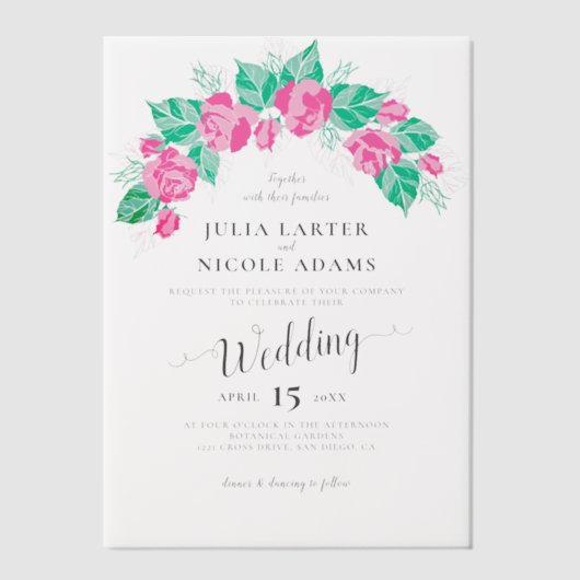 Roze Groen Roos bloemblaadjes bloementuin bruiloft Vellum Uitnodigingen (Voorkant)