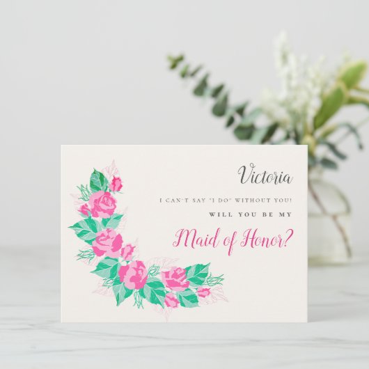 Roze Groen Roos Bloemen Tuin Bruidsmeisje Kaarten (Staand voorkant)