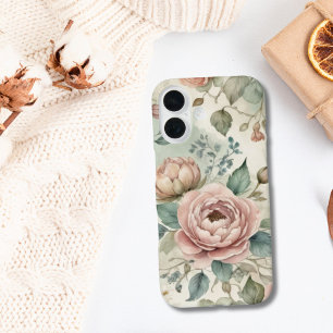Roze Groen Shabby Waterverf  Bloemen iPhone 16 Hoesje