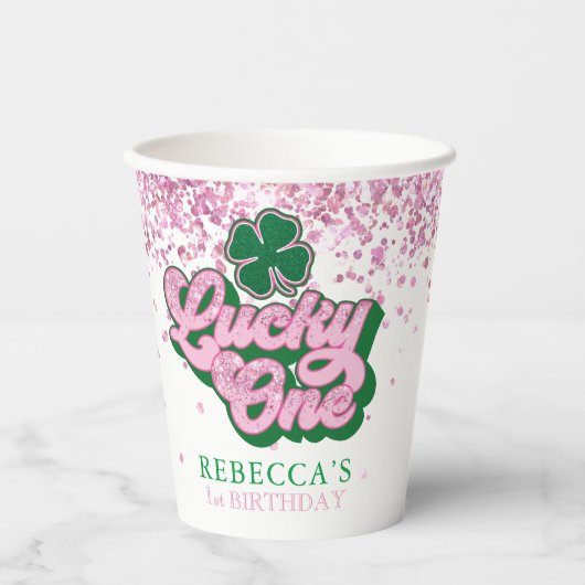 Roze Groen St. Patrick's Lucky One Eerste Verjaard Papieren Bekers (Voorkant)