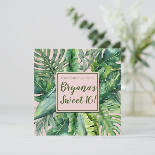 Roze & Groen Tropisch Bladeren Zoet 16 Feest Kaart (Staand voorkant)