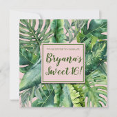 Roze & Groen Tropisch Bladeren Zoet 16 Feest Kaart (Voorkant)
