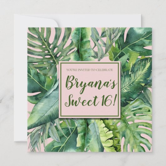 Roze & Groen Tropisch Bladeren Zoet 16 Feest Kaart (Voorkant)