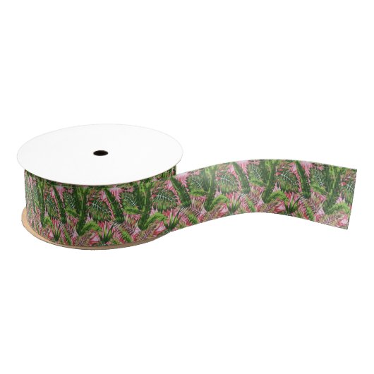 Roze groen tropisch Oerwoud botanisch Grosgrain Lint (Spoel)