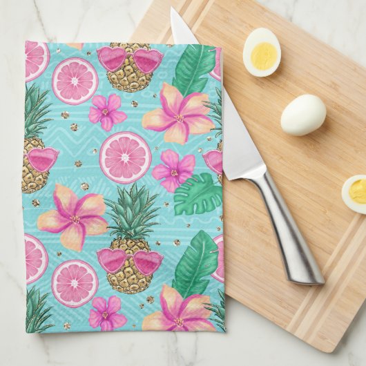 ROZE & GROEN TROPISCH ZOMERSTRAND THEMA THEEDOEK (Quarter Fold)