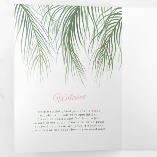 Roze groen tropische palmen waterverf kunst bruilo drieluik programma (Binnenzijde eerst)