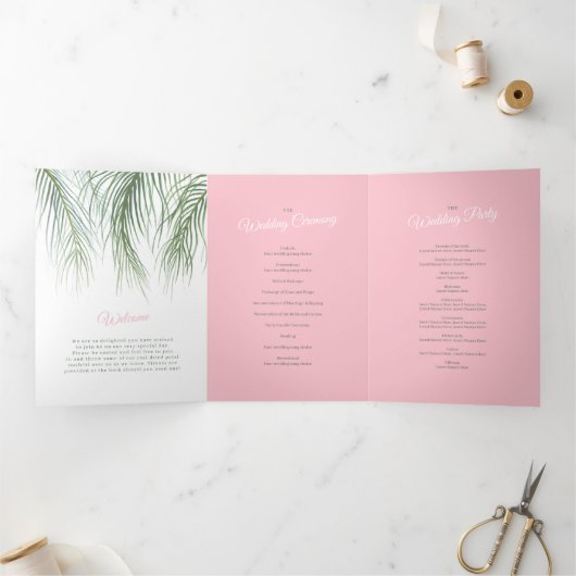 Roze groen tropische palmen waterverf kunst bruilo drieluik programma (Binnen)