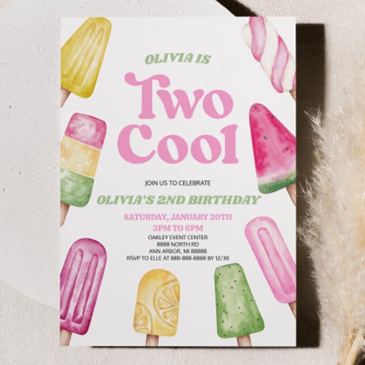 Roze Groen Twee Koele Popsicle 2e Verjaardagsfeest Kaart