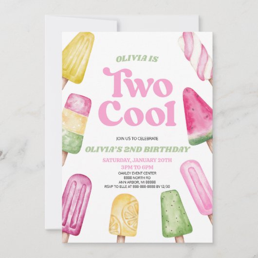Roze Groen Twee Koele Popsicle 2e Verjaardagsfeest Kaart