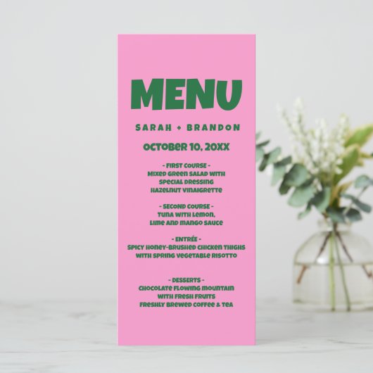 Roze Groen Vet Retro Bruiloft Menu (Staand voorkant)