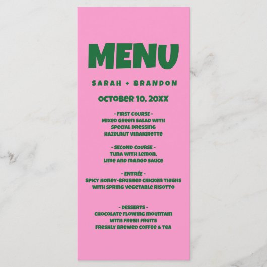 Roze Groen Vet Retro Bruiloft Menu (Voorkant)