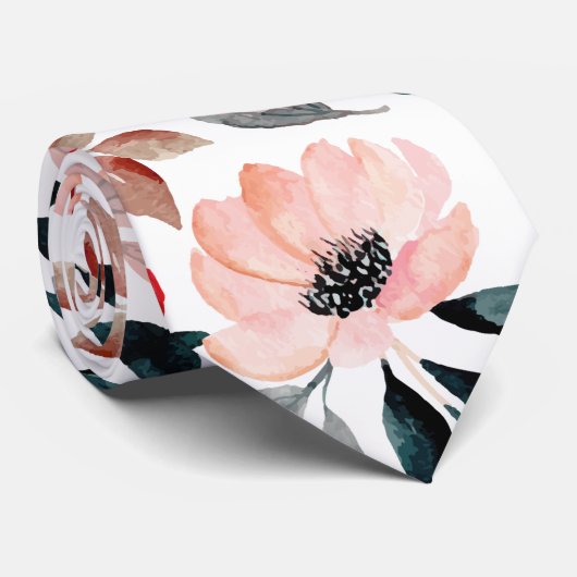 Roze groen Waterverf bloemmotief Stropdas (Opgerold)