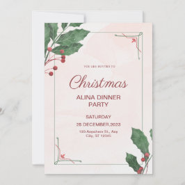 Roze & Groen Waterverf Kerstavond Diner Party Kaart