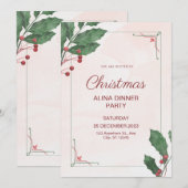 Roze & Groen Waterverf Kerstavond Diner Party Kaart (Voorkant / Achterkant)