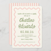 Roze groen Wavy Border Pastel Wedding Invitation Kaart (Voorkant / Achterkant)