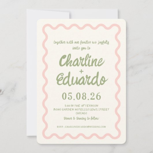 Roze groen Wavy Border Pastel Wedding Invitation Kaart (Voorkant)