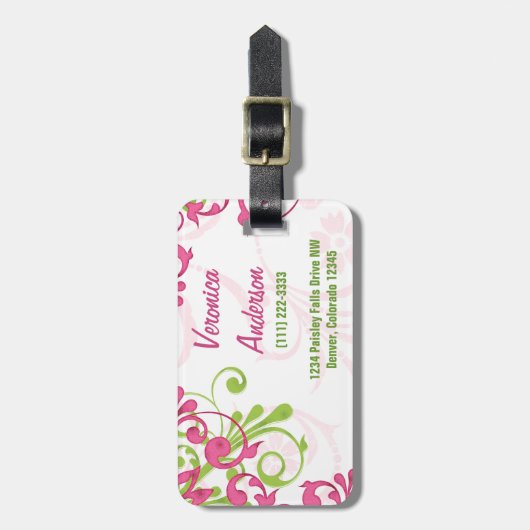 Roze Groen Wit Abstract Bloem Gepersonaliseerd Bagagelabel (Voorkant verticaal)