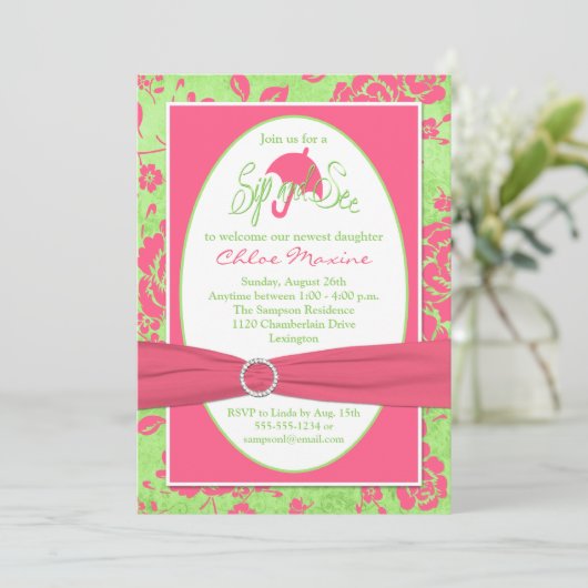 Roze Groen Wit Bloemen Sip en Zie Uitnodiging (Staand voorkant)