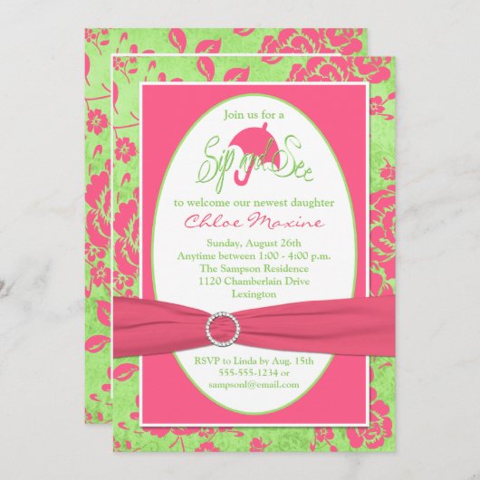 Roze Groen Wit Bloemen Sip en Zie Uitnodiging (Voorkant / Achterkant)