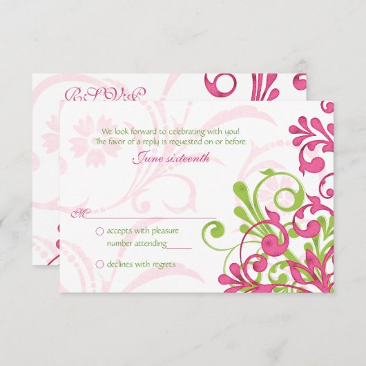 Roze Groen Witte Abstracte Bloem Bruiloft RSVP Kaa (Voorkant / Achterkant)