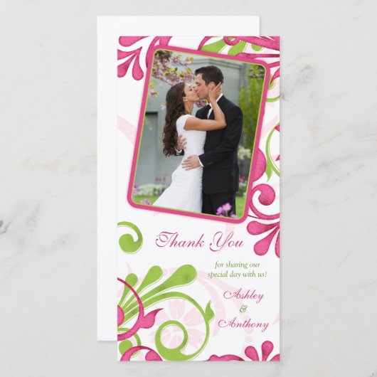 Roze, groen, witte bloemenbruiloft Dank u Bedankkaart (Voorkant / Achterkant)