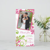Roze, groen, witte bloemenbruiloft Dank u Bedankkaart (Staand voorkant)