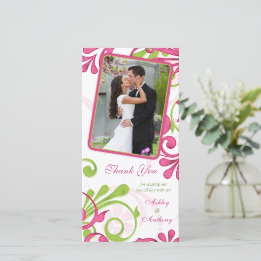 Roze, groen, witte bloemenbruiloft Dank u Bedankkaart (Staand voorkant)