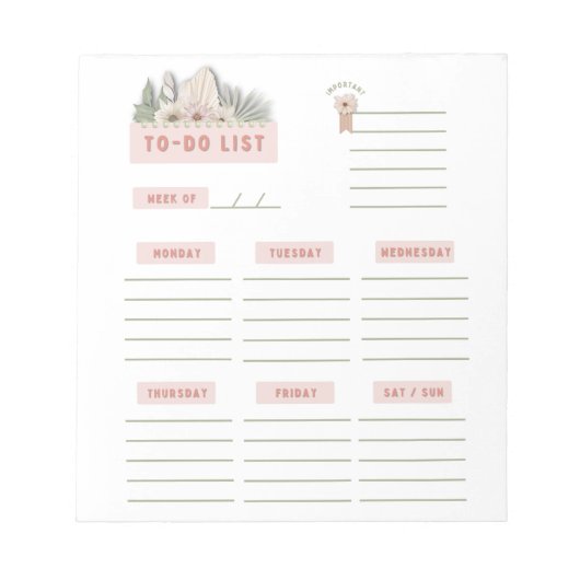 Roze Groen Witte Bloemige Weekplanner Organizer Notitieblok (Voorkant)