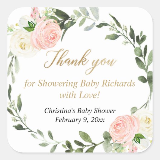 Roze groen witte bloemrijke waterverf elegant vierkante sticker (Voorkant)