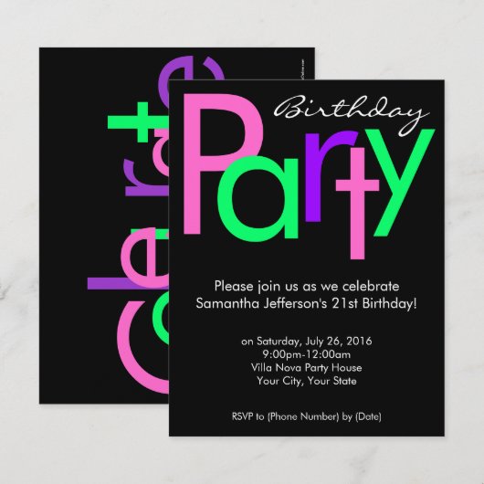 Roze, Groen, Zwart Blok Verjaardagsfeestuitnodigin Kaart (Voorkant / Achterkant)