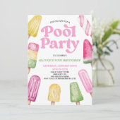 Roze Groen Zwembad Party Popsicle Verjaardagsfeest Kaart (Staand voorkant)