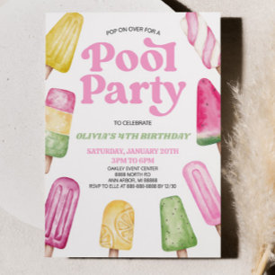 Roze Groen Zwembad Party Popsicle Verjaardagsfeest Kaart