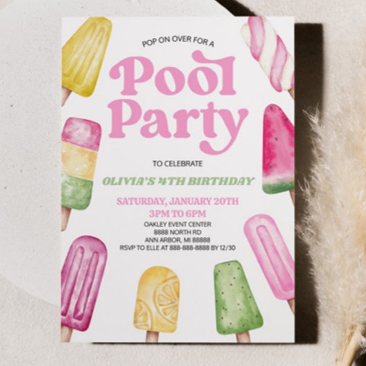 Roze Groen Zwembad Party Popsicle Verjaardagsfeest Kaart