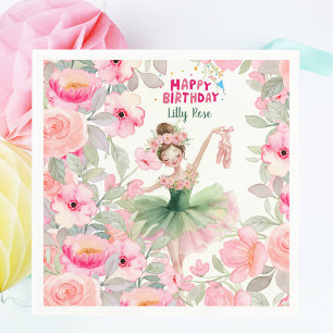 Roze & Groene Aangepaste Ballerina Verjaardag Servet
