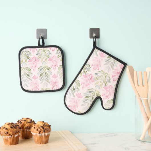 Roze Groene Abstracte Bloem Ovenwant & Pannenlap Set (Insitu(Ophanging))