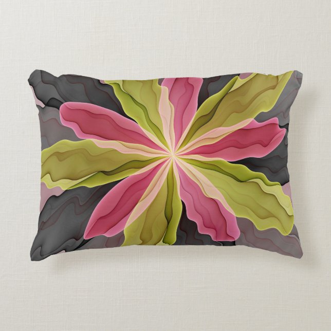 Roze groene anthracite Fantasy Flower Fractal Art Accent Kussen (Voorkant)
