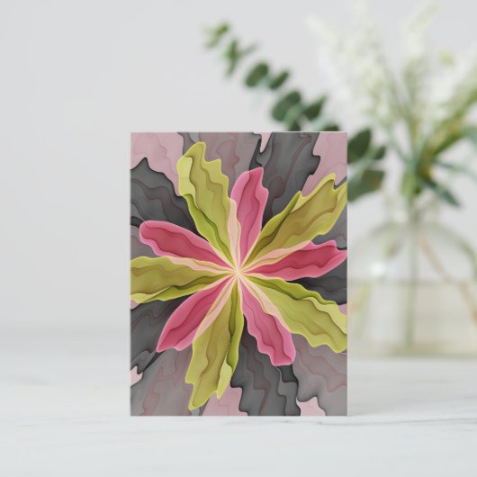 Roze groene anthracite Fantasy Flower Fractal Art Briefkaart (Staand voorkant)
