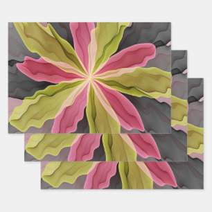 Roze groene anthracite Fantasy Flower Fractal Art Inpakpapier Vel