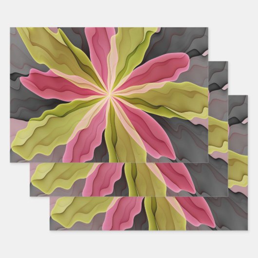 Roze groene anthracite Fantasy Flower Fractal Art Inpakpapier Vel (Set)