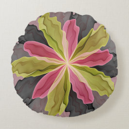 Roze groene anthracite Fantasy Flower Fractal Art Rond Kussen
