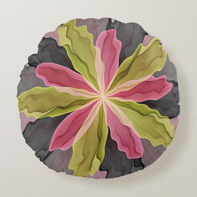 Roze groene anthracite Fantasy Flower Fractal Art Rond Kussen (Voorkant)