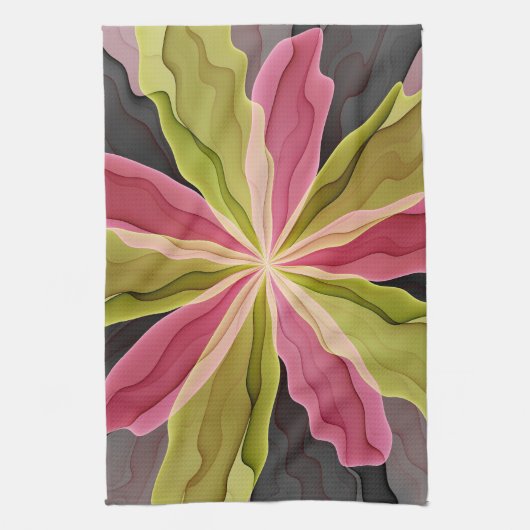 Roze groene anthracite Fantasy Flower Fractal Art Theedoek (Verticaal)